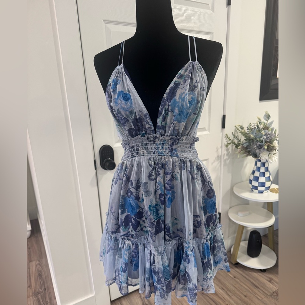 Lulus Blue Floral Plunge Mini Dress